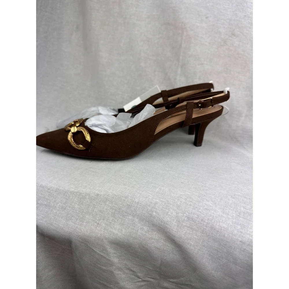 A New Day Womens Brown Slingback Kitten Heels Gold Chain Detail Size 9 NWT